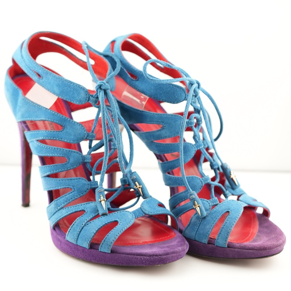 Cesare Paciotti Blue Suede Lace-Up Statement Heels Size 38 EU